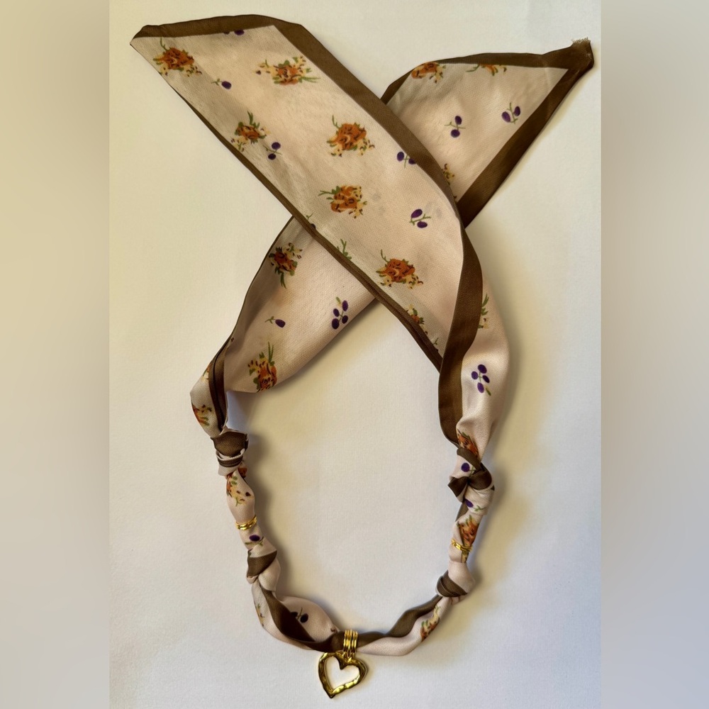 Floral Silk Necklace with Gold Heart Pendant